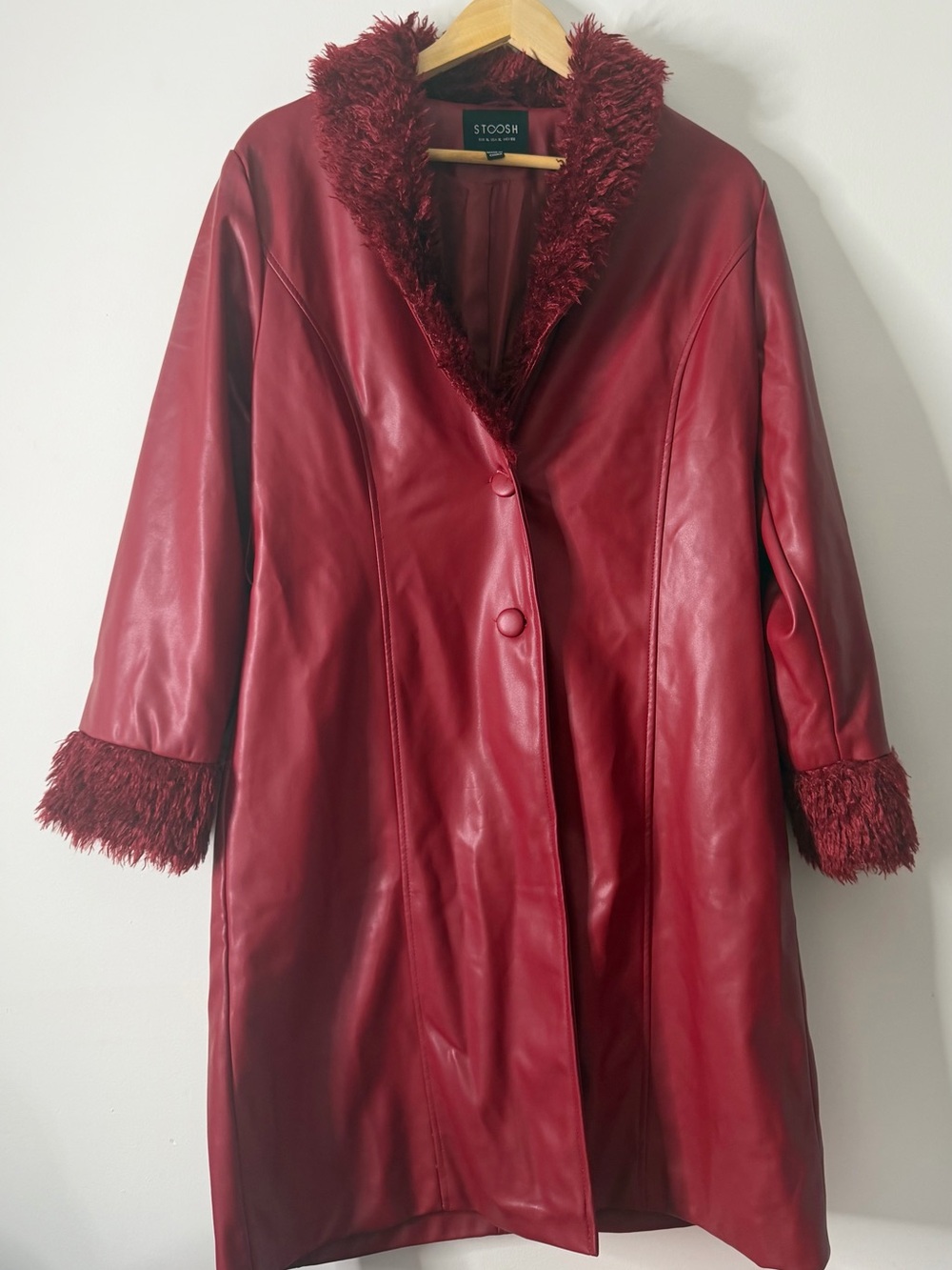 Stoosh Red Faux Leather Coat with Fur Trim
